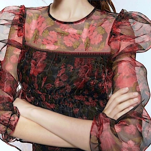 Tops - Floral Organza Puff Sleeve Babydoll Top